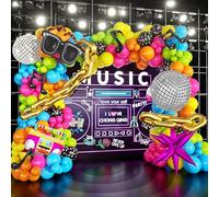 Kit per arco di palloncini al neon, decorazioni per feste a tema discoteca, 157 palloncini con sfera da discoteca retrò, radio, occhiali, catena con note musicali, palloncini a forma di stella, per