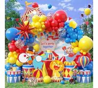 Kit per arco di palloncini da circo di carnevale, 116 pezzi, rosso, blu, giallo, set con palloncini coriandoli, palloncino a stella da 55 cm e palloncino per tenda da circo di buon compleanno