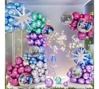 Kit per arco di palloncini da discoteca, palloncini metallizzati viola blu foglia di tè fucsia argento con palla da discoteca e accenti radiali in lamina a stella, decorazione fai da te per feste di