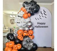 Kit per arco di palloncini di Halloween, 105 pezzi, palloncini neri arancioni e argento con 12 adesivi da parete 3D a pipistrello e ragnatela, fai da te arancione nero metallizzato argento palloncini