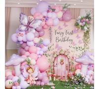 Kit per arco di palloncini per il primo compleanno, 135 palloncini rosa pastello viola con farfalla viola e palloncini in lamina a fungo, per decorazioni per feste di compleanno (rosa viola)