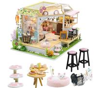 Kit per casa delle bambole in legno per gatti e caffetterie, fai da te, per fare il caffè, per fare il caffè, con mobili a LED, scatola musicale per compleanno (senza copertura antipolvere)