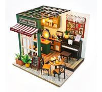Kit per casa in miniatura per adulti, mini edificio di case, kit fai da te in miniatura per adulti, mini casa delle bambole in legno per compleanno, Natale, pianoforte e caffetteria