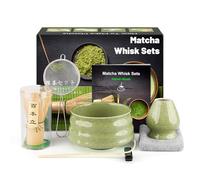 Kit per cerimonia matcha giapponese, 7 pezzi, frusta in bambù naturale, ciotola per matcha, paletta in bambù, colino, strofinaccio, supporto per frusta, set completo per matcha, colore verde a spirale