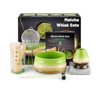 Kit per cerimonia matcha giapponese, 7 pezzi, frusta in bambù naturale, ciotola per matcha, paletta in bambù, colino, strofinaccio, supporto per frusta, set completo per matcha, verde