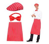 Kit per costume da cameriere, 3 pezzi, costume di carnevale per adulti, grembiule a righe rosse e bianche con 1 tasca, cappello da cuoco con papillon rossi, carnevale anni '50, cosplay, costume da