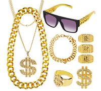 Kit per costume hip hop, catena dorata, collana con simbolo del dollaro, anelli e occhiali da sole per travestimenti anni '90, rapper e hip hop