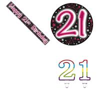 Kit per festa di compleanno per 21° compleanno con stelle olografiche rosa e argento (bandiera, distintivo, candela)
