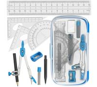 Kit per geometria matematica per studenti, set 4 in 1 con bussola, goniometro, quadrato e righello, custodia portatile compatta, blu classico, ideale per scuola, lezioni di matematica e compiti a casa
