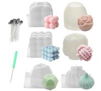 Kit per la creazione di candele, 6 stampi in silicone 3D unici con 50 stoppini e 2 supporti per stoppini, stampo per candele con rosa, nodo, bolla e stili geometrici, arte in resina fai da te per