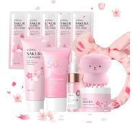 Kit per la Cura della Pelle Sakura 11 Pezzi,Include Fascia skincare, Spazzola per il viso,Pulizia,Crema solare 50,Essenza,Crema,Maschera per la notte (x5),Sakura Skincare Set per Ragazze Donne
