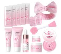 Kit per la Cura della Pelle Sakura 14 Pezzi,Include detergente, essenza, crema, maschera di fango,Sakura Skincare Set,Set Skincare Viso Completo per Ragazze e Donne