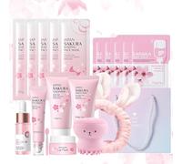 Kit per la Cura della Pelle Sakura 18 Pezzi,Include Detergente,Crema, Siero,Siero per gli occhi,Maschera di fango,Maschera per dormire, Accessori,Set Skincare Viso Completo per Ragazze e Donne