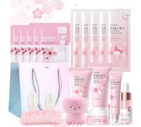 Kit per la Cura della Pelle Sakura 18 Pezzi,Set Skincare Viso Completo | Include Detergente,Crema, Siero,Siero per gli occhi,Maschera di fango,Maschera per dormire, Accessori,per Ragazze e Donne
