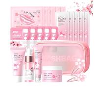 Kit per la Cura della Pelle Sakura 21 Pezzi,Include Detergente,Crema, Siero,Siero per gli occhi,Maschera di fango,Maschera per dormire, Accessori,Set Skincare Viso Completo per Ragazze e Donne