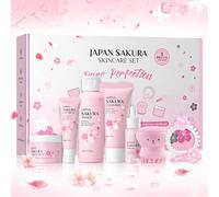 Kit per la Cura della Pelle Sakura 8 Pezzi,Include Pulizia,Toner,Crema,Siero,Siero Occhi, Pennello,Cravatta per capelli e clip,Set Skincare Viso Completo per Ragazze e Donne