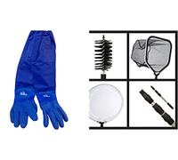 Kit per la pulizia dello stagno, set di rete 4 in 1 include spazzola per lo sfregamento delle alghe a corda, rete per la raccolta dei pesci e rete per pesci, con asta telescopica da 1,5 m e guanti da
