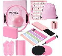 Kit per pilates, kit di allenamento per pilates da donna, attrezzatura per pilates con anello e palla per pilates, blocco yoga e 5 fasce di resistenza, pesi per caviglia, cursori e calzini, guida