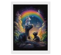 Kit per pittura a diamante con motivo gatto Un-icorns che cavalca un dinosauro, rotondo, completo a punto croce, immagini artistiche per la decorazione delle pareti della casa, 30,5 x 40,6 cm