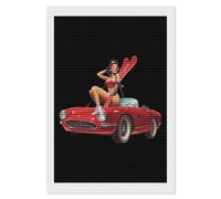 Kit per pittura a mosaico con immagine di pinup con sci e auto con immagine rotonda e punto croce, decorazione da parete per la casa, 20,3 x 30,5 cm