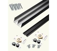 Kit per porta scorrevole nera per armadi in legno, sistema a binario doppio per porte da 91,4 cm e 190,5 cm, include binario di guida per pavimento e kit di binari per porta tascabile da 72 cm