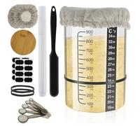 Kit per principianti di lievito naturale, 900 ml, contenitore per pasta madre a bocca larga, in vetro, per lievito naturale, con coperchio in legno, fascia in gomma, spatola, termometro, striscia di