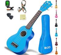 Kit per principianti di ukulele soprano per bambini e principianti, ukulele da 21 pollici con libro di canzoni, custodia, cinturino, accordatore, corde e plettri - Blu