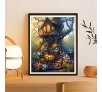 Kit per punto croce con casa sull'albero incantata, 40 x 50 cm, vivace design con giardino e cottage, kit da ricamo fai da te con fili, tessuto e guida, regalo decorativo per fiabe