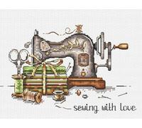 Kit per punto croce cucito con amore, grafico PDF, ricamo ispirato alla stanza artigianale di macchina da cucire vintage Singer, quarti e fili (verde)