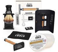 Kit per rasatura - Rasoio di sicurezza + 5 doppie lame + pennello da barba + sapone da barba da 150 ml + pietra di allume ✮ BARBER TOOLS ✮