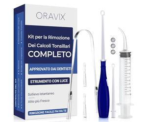 Kit per rimuovere calcoli tonsillari | Rimedio mal di gola e alito cattivo | Luce LED con 3 beccucci, siringa e raschietto per lingua | Manuale d’uso | ORAVIX