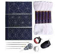 Kit per Sashiko, filo, ago e modello Yume Fukin Yokota Sashiko, con manuale originale in inglese, set da cucito con ditale, tessuto giapponese (filo bianco/panno blu navy)