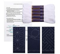 Kit per sashiko, Yokota Sashiko, filo e modello Yume Fukin con manuale originale in inglese, tessuto, tessuto giapponese (filo bianco/canovaccio blu navy 3)