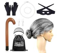 Kit per travestimento da gangster e nonna, include parrucca grigia da vecchia signora, mascherina gonfiabile, collana con perle, gioielli, swag borse, ladro, nonna, travestimento per adulti e bambini