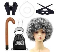 Kit per travestimento da gangster e nonna, include parrucca grigia da vecchia signora, mascherina gonfiabile, collana con perle, gioielli, swag borse, ladro, nonna, travestimento per adulti e bambini