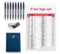 Kit Personalizzabile 200 Calendari 2026, 200 Penne a Sfera Colorate, 2 Chiavetta USB 4GB e 2 Agenda Giornaliera Verde - Made in Italy - Idea Regalo Set Personalizzato (Assortito, 2 Kit)
