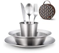 Kit Piatti e Posate in Acciaio Inox Lucido Include Piatti Ciotola Tazza Posate