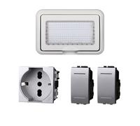 Kit Placca Scatola 504 IP55, 4 Moduli 1 Presa Schuko P40 + 2 Interruttore, Compatibile Con Bticino Living, Colore Grigio, Placca Stagna Idrobox Incasso Da Esterno