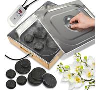 Kit Portatile Pietre da Massaggio Riscaldanti - Riscaldatore Spa Elettrico con 6 Pietre di Basalto Grandi e 6 Piccole, Forma Rotonda, Controllo Digitale e Borsa Riscaldante