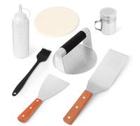 Kit pressa per hamburger, pressa per hamburger, in acciaio inox, 2 spatole per grill, 1 bottiglia di spezie spremere e bottiglie, 1 pennello in silicone e 100 cartine per tortini, kit barbecue per