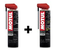 Kit professionale per la cura della catena: Motul C1 pulisce a fondo, C4 lubrifica e protegge i sigilli O-Ring, X-Ring e Z-Ring.