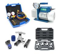 Kit professionale pompa bistadio 100 Lt omologata per gas R32, set manometri 4 v