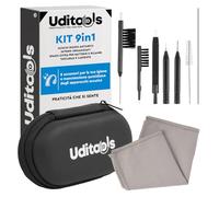 Kit Pulizia Apparecchi Acustici 9in1 Uditools - Compatibile con Apparecchi BTE RIC ITE e Auricolari - Set Accessori con Spazzole Scovolino Filo Ultra-Slim e Magnete Estrai-Batterie - Custodia Capiente