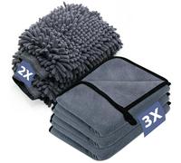 Kit Pulizia Auto, con 3 Pezzi Panno Microfibra e 2 Pezzi Guanto Lavaggio a Doppia Faccia, 600GSM Panno Asciugatura Pulizia, Super Assorbenti, per Cura Auto Moto, 40 x 30 cm