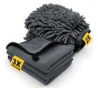Kit Pulizia Auto con 3X Panno Microfibra e 2X Guanto Lavaggio Auto, 600 GSM Panno in Microfibra per Senza Graffi e Lucidare, Super Assorbente ed Estrem Delicato per Cura Moto, 40x30cm