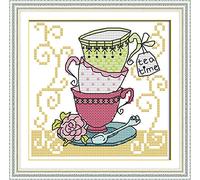 Kit Punto a Croce 11CT Tessuto Stampato 18x18cm Kit Ricamo Fai da te Ingresso emplice - Stampa Per Ragazze Artigianato Articoli DMC Ricamo - Tazza di tè tre