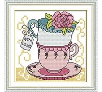 Kit Punto a Croce 11CT Tessuto Stampato 18x18cm Kit Ricamo Fai da te Ingresso emplice - Stampa Per Ragazze Artigianato Articoli DMC Ricamo - Tazza da tè due