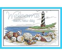 Kit Punto a Croce 11CT Tessuto Stampato 28x20cm Kit Ricamo Fai da te Ingresso emplice - Stampa Per Ragazze Artigianato Articoli DMC Ricamo - Conchiglie di faro