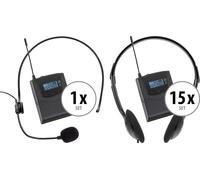 Kit Radiomicrofono UHF Wireless Trasmettitore e 15x Ricevitori Guida Turistica