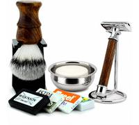 Kit regalo da barba da uomo in legno, 7 pezzi, rasoio di sicurezza classico, spazzola sintetica per schiuma da barba ricca | Ciotola da barba in legno con manico leggero in legno per sapone